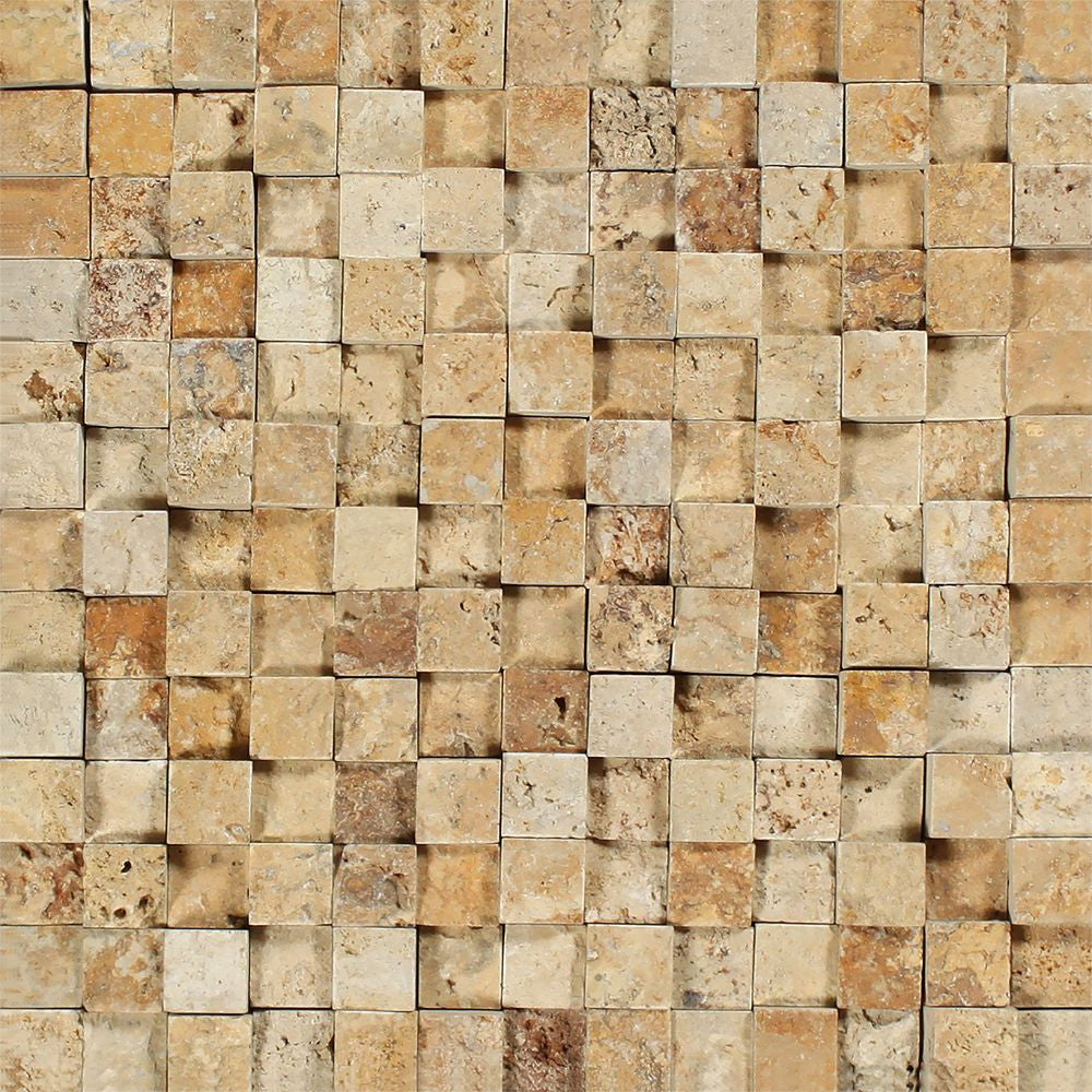 1 x 1 Split-faced Gold Travertine 3-D Mosaic Tile