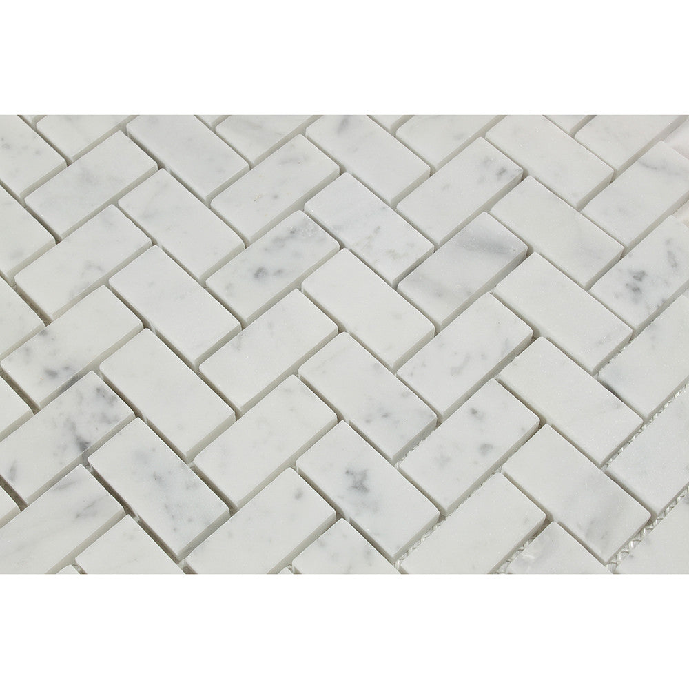 1 x 2 Honed Bianco Carrara Marble Herringbone Mosaic Tile