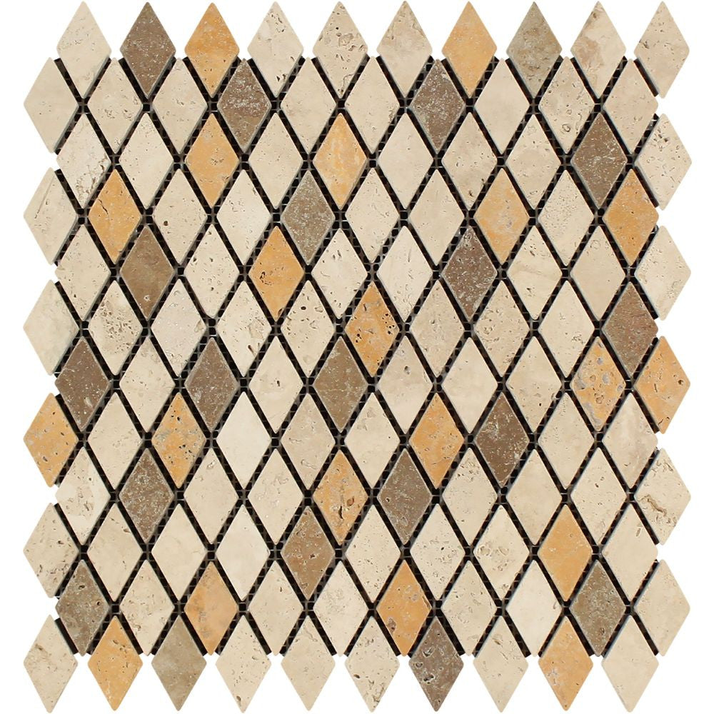 1 x 2 Tumbled Mixed Travertine Diamond Mosaic Tile (Ivory + Noce + Gold)