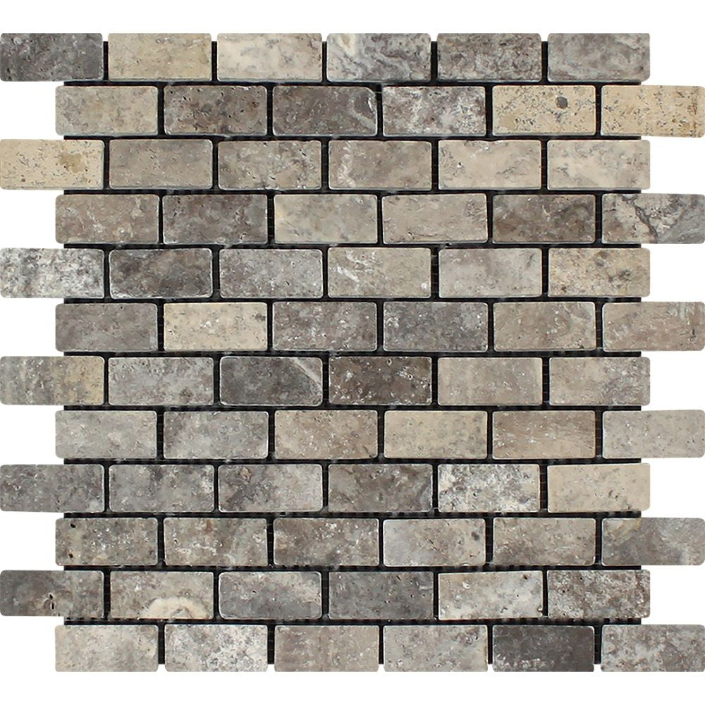 1 x 2 Tumbled Silver Travertine Brick Mosaic Tile