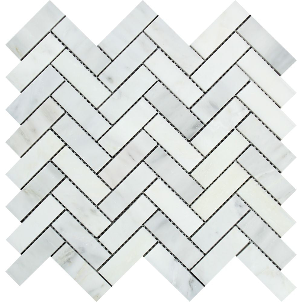 1 x 3 Polished Oriental White Marble Herringbone Mosaic Tile