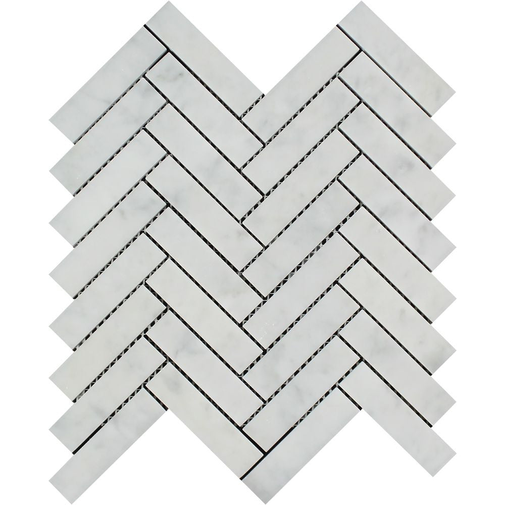 1 x 4 Honed Bianco Carrara Marble Herringbone Mosaic Tile