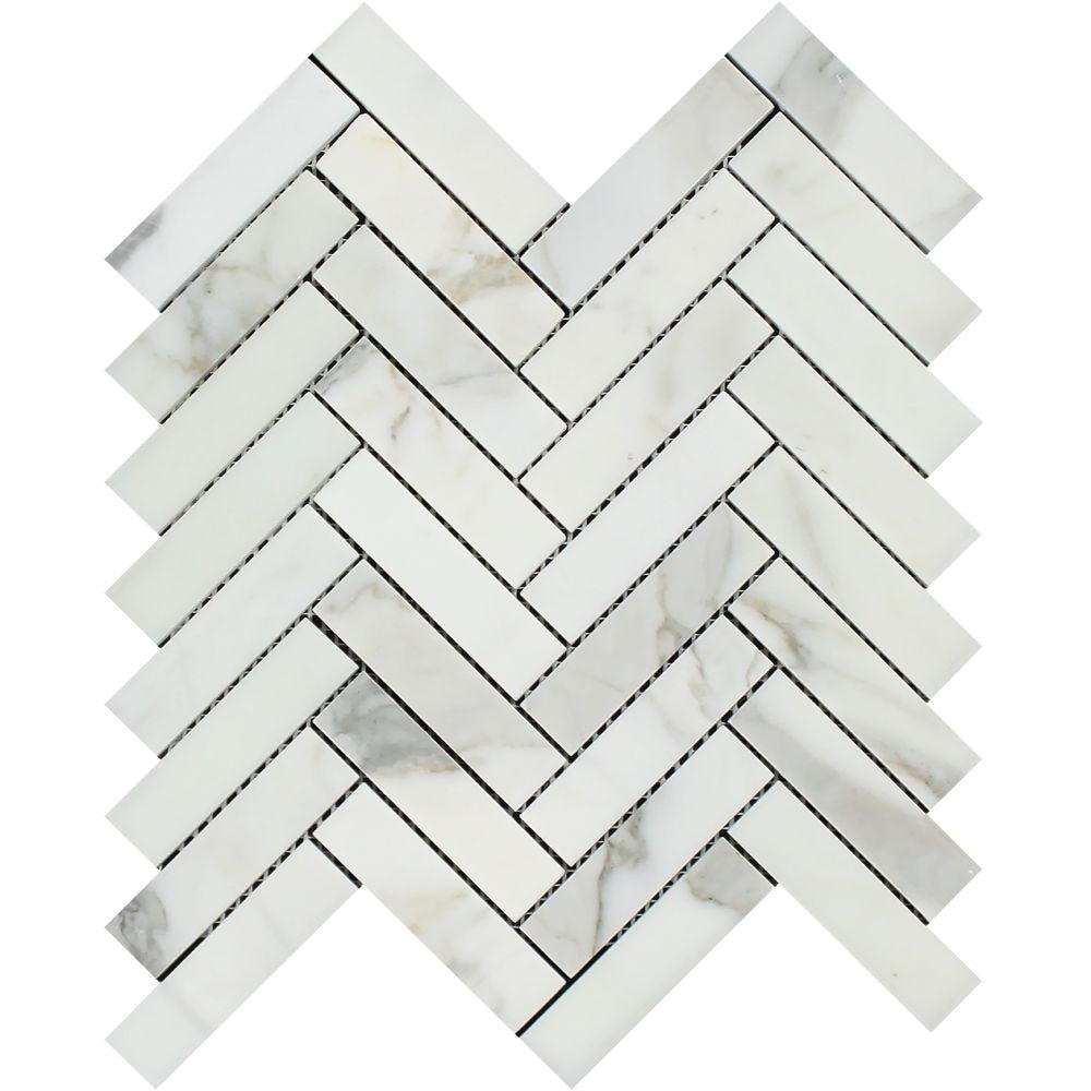 1 x 4 Honed Calacatta Gold Marble Herringbone Mosaic Tile