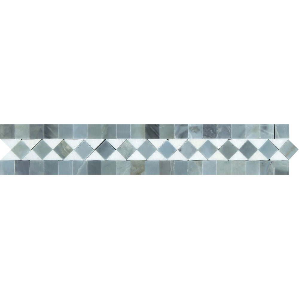2 x 12 Honed Thassos White Marble BIAS Border w/ Blue-Gray Dots