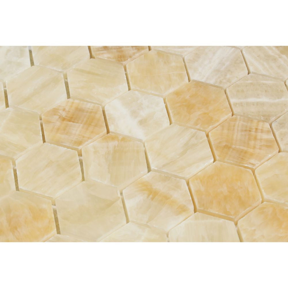 2 x 2 Polished Honey Onyx Hexagon Mosaic Tile