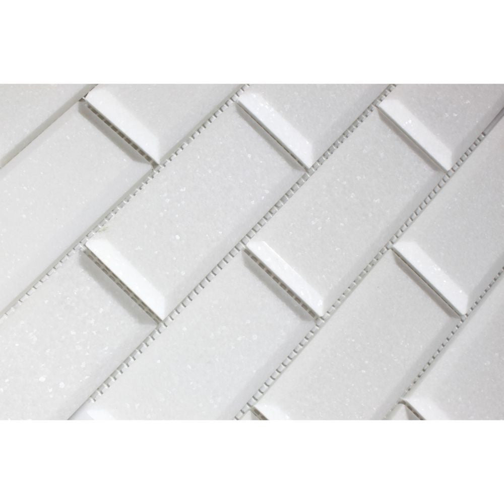 2 x 4 Honed Thassos White Marble Deep-Beveled Brick Mosaic Tile