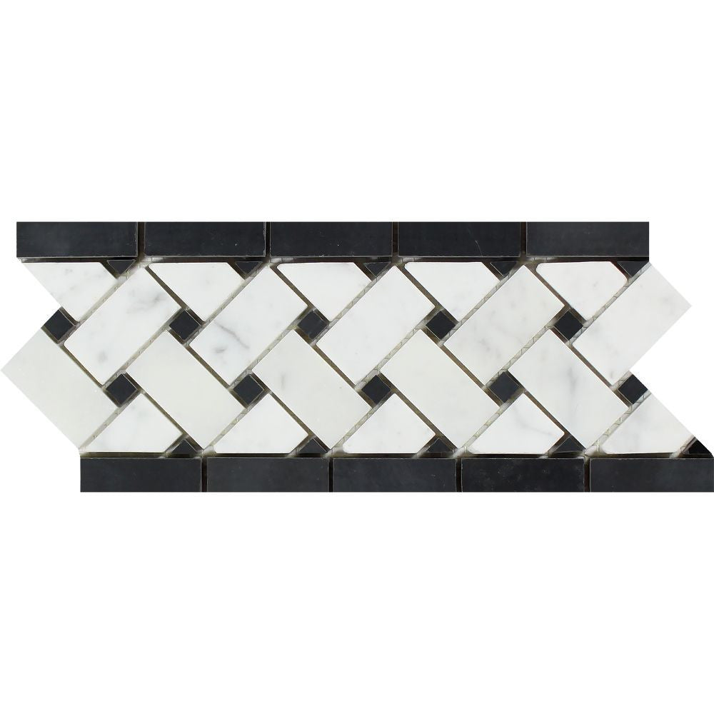 4 3/4 x 12 Honed Bianco Carrara Marble Basketweave Border w/ Black Dots