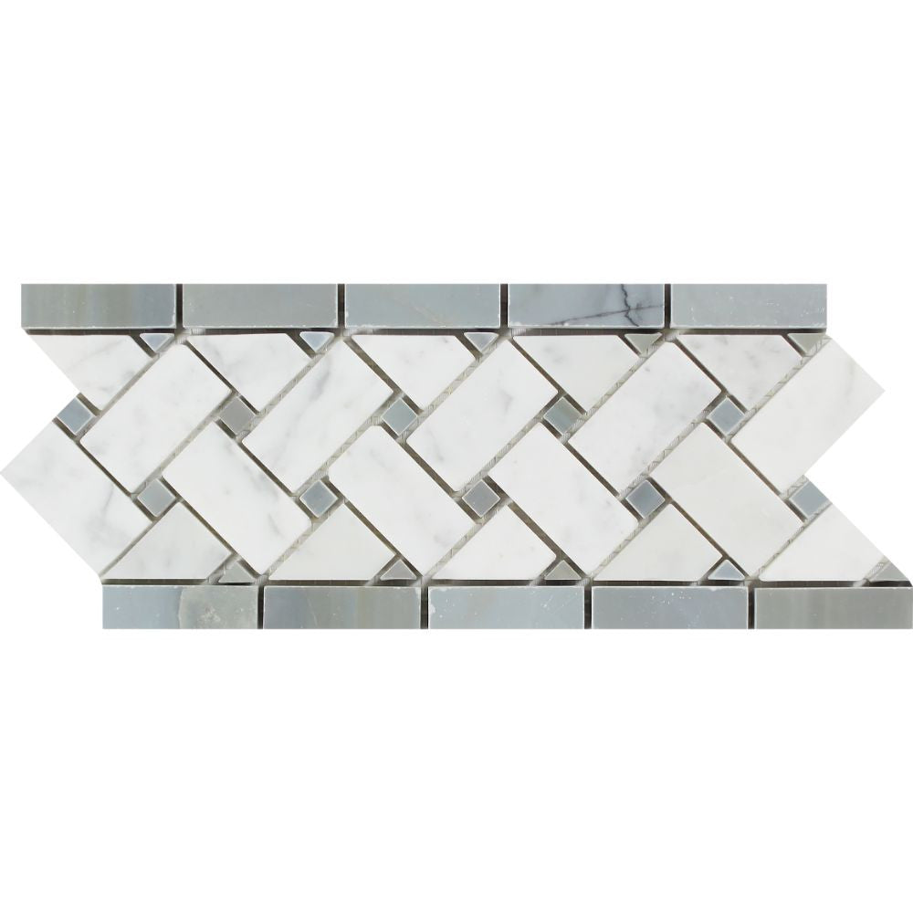 4 3/4 x 12 Honed Bianco Carrara Marble Basketweave Border w/ Blue-Gray Dots