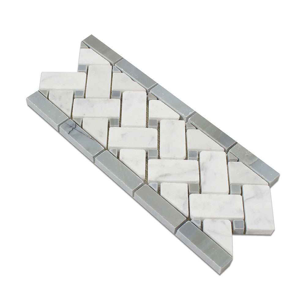 4 3/4 x 12 Polished Bianco Carrara Marble Basketweave Border w/ Blue-Gray Dots