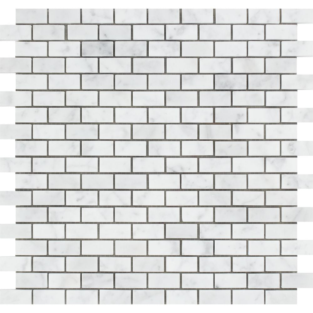 5/8 x 1 1/4 Polished Bianco Carrara Marble Baby Brick Mosaic Tile