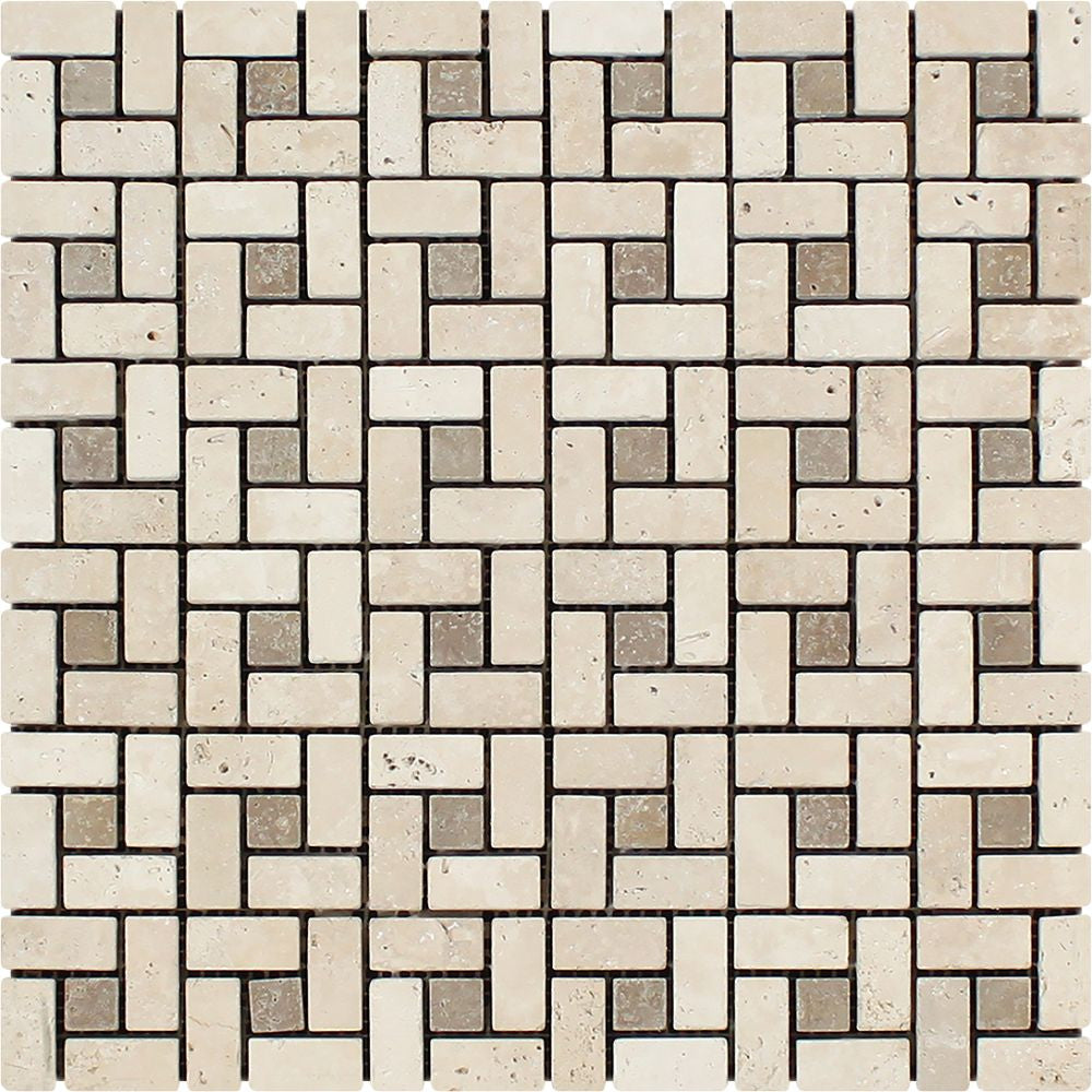 5/8 x 1 1/4 Tumbled Ivory Travertine Mini Pinwheel Mosaic Tile w/ Noce Dots
