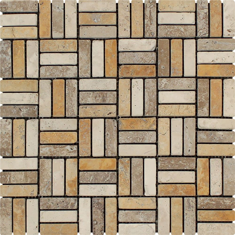5/8 x 2 Tumbled Mixed Travertine Triple-Strip Mosaic Tile (Ivory + Noce + Gold)