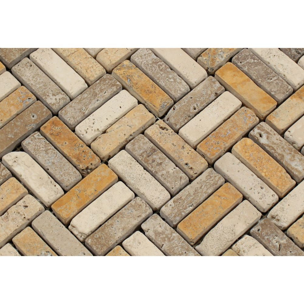 5/8 x 2 Tumbled Mixed Travertine Triple-Strip Mosaic Tile (Ivory + Noce + Gold)