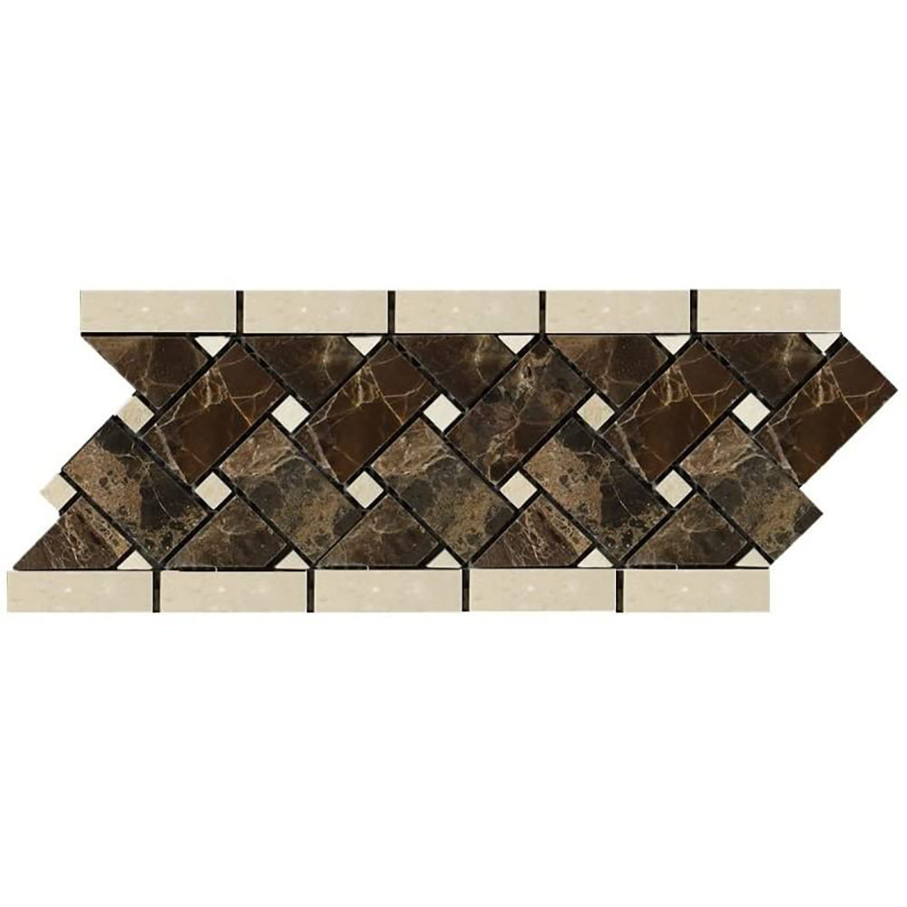 Emperador Dark Polished Marble Basketweave Border w/ Crema Marfil Dots