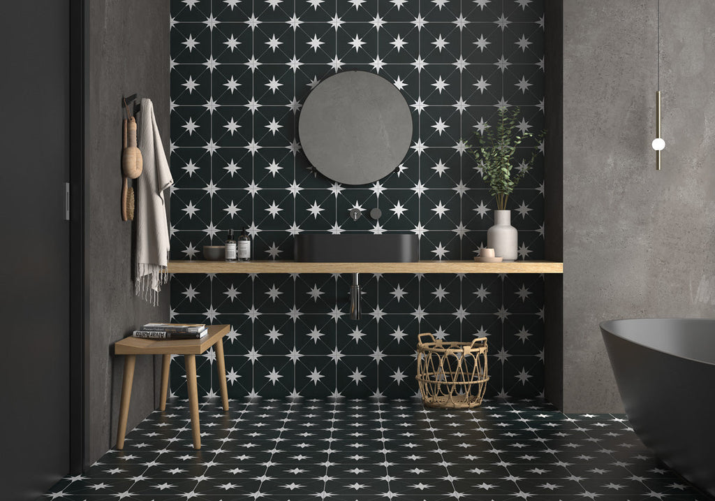 Starburst Ponent Black Porcelain Tile – room scene