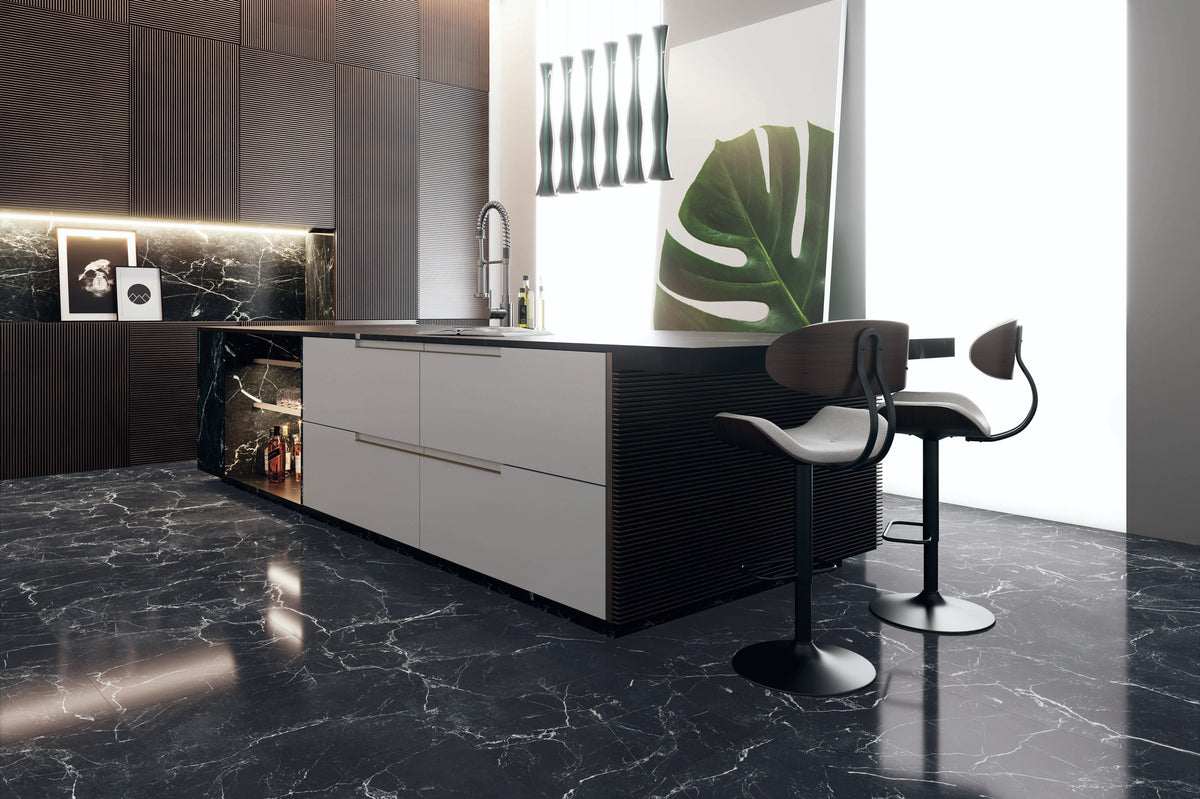 Port Noir Black Porcelain Tile – room scene