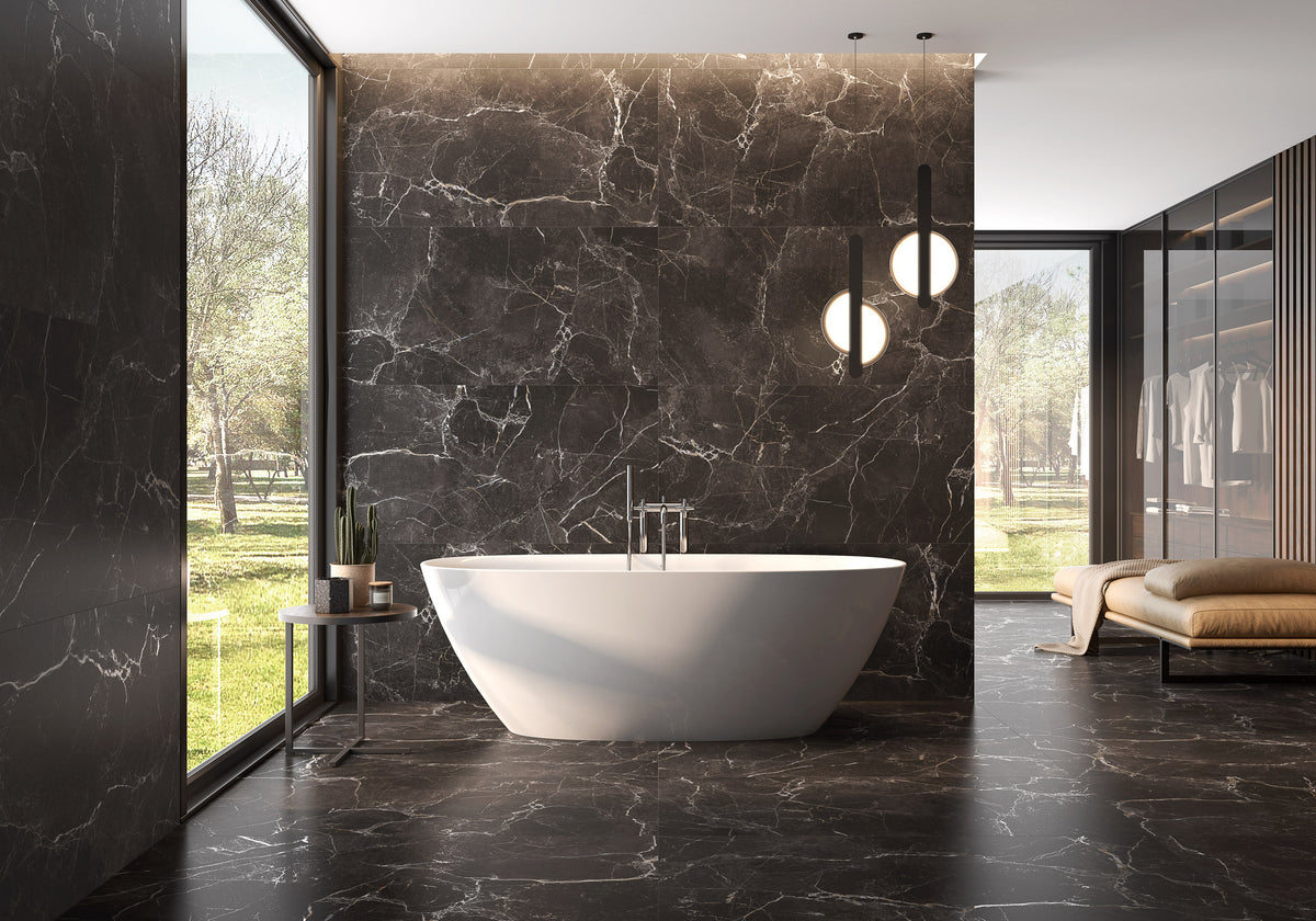 Port Noir Black Porcelain Tile – room scene