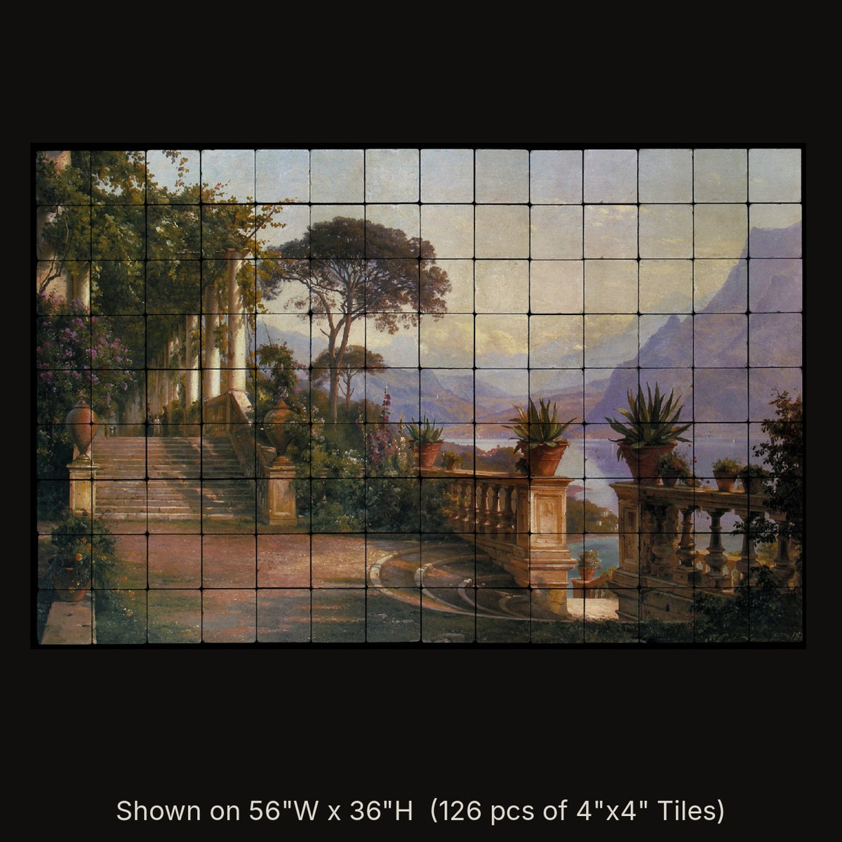 Lake Como by Carl Frederik Aagaard, stone mural shown on 56"W x 36"H (126 pcs of 4"x4" tumbled marble tiles)