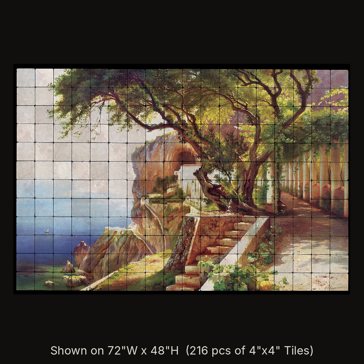 Pergola in Amalfi by Carl Frederik Aagaard, stone mural shown on 72"W x 48"H (216 pcs of 4"x4" tumbled marble tiles)