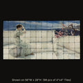 Expectations by Lawrence Alma-Tadema, stone mural shown on 56"W x 28"H (98 pcs of 4"x4" tumbled marble tiles)