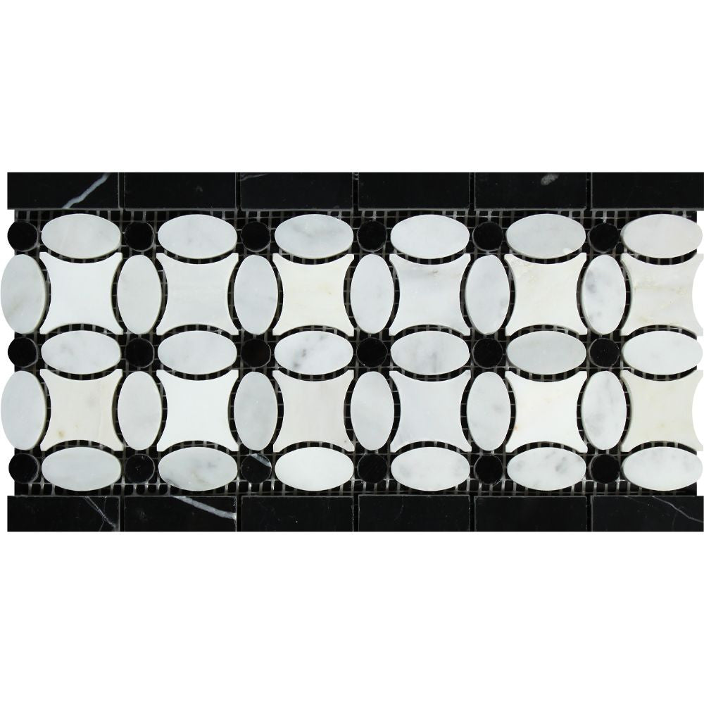 Bianco Carrara Honed Marble Florida Flower Border (Thassos + White Carrara (Oval) + Black (Dots))