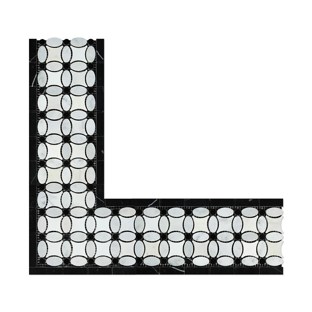 Bianco Carrara Honed Marble Florida Flower Corner (Thassos + White Carrara (Oval) + Black (Dots))