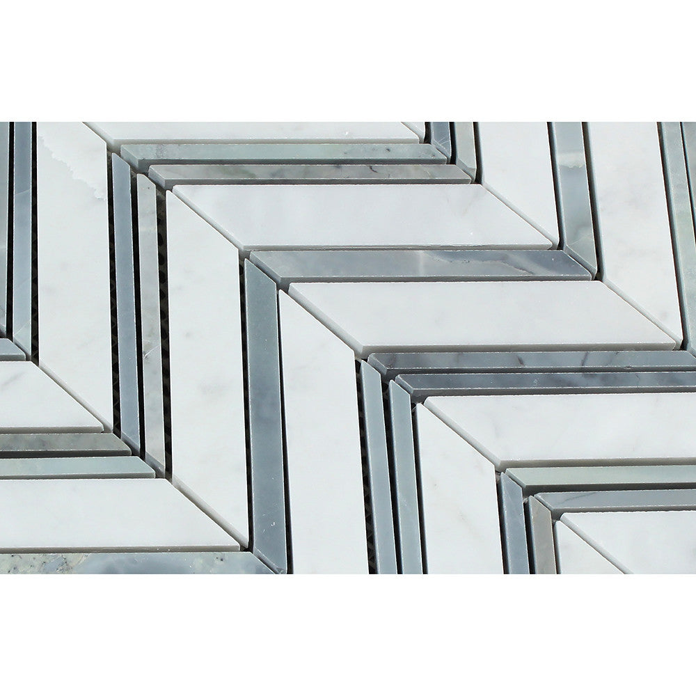 Bianco Carrara Honed Marble Large Chevron Mosaic Tile (Carrara + Blue-Gray (Thin Strips))