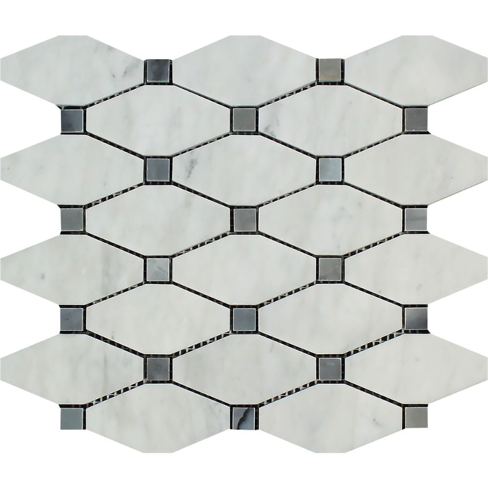 Bianco Carrara Honed Marble Octave Mosaic Tile (w/ Blue-Gray Dots)