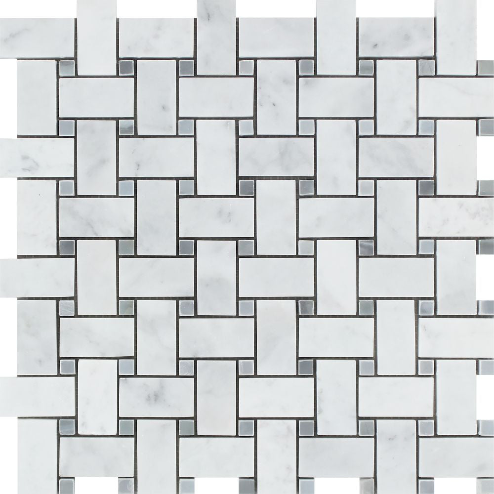 Bianco Carrara Polished Marble Basketweave Mosaic Tile (w/ Blue-Gray Dots)