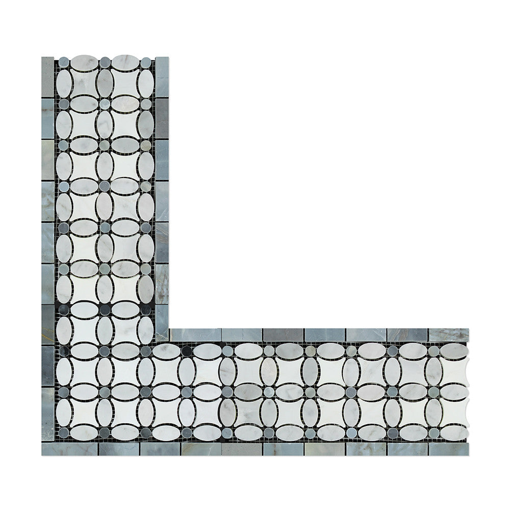 Bianco Carrara Polished Marble Florida Flower Corner (Thassos + White Carrara (Oval) + Blue-Gray (Dots))