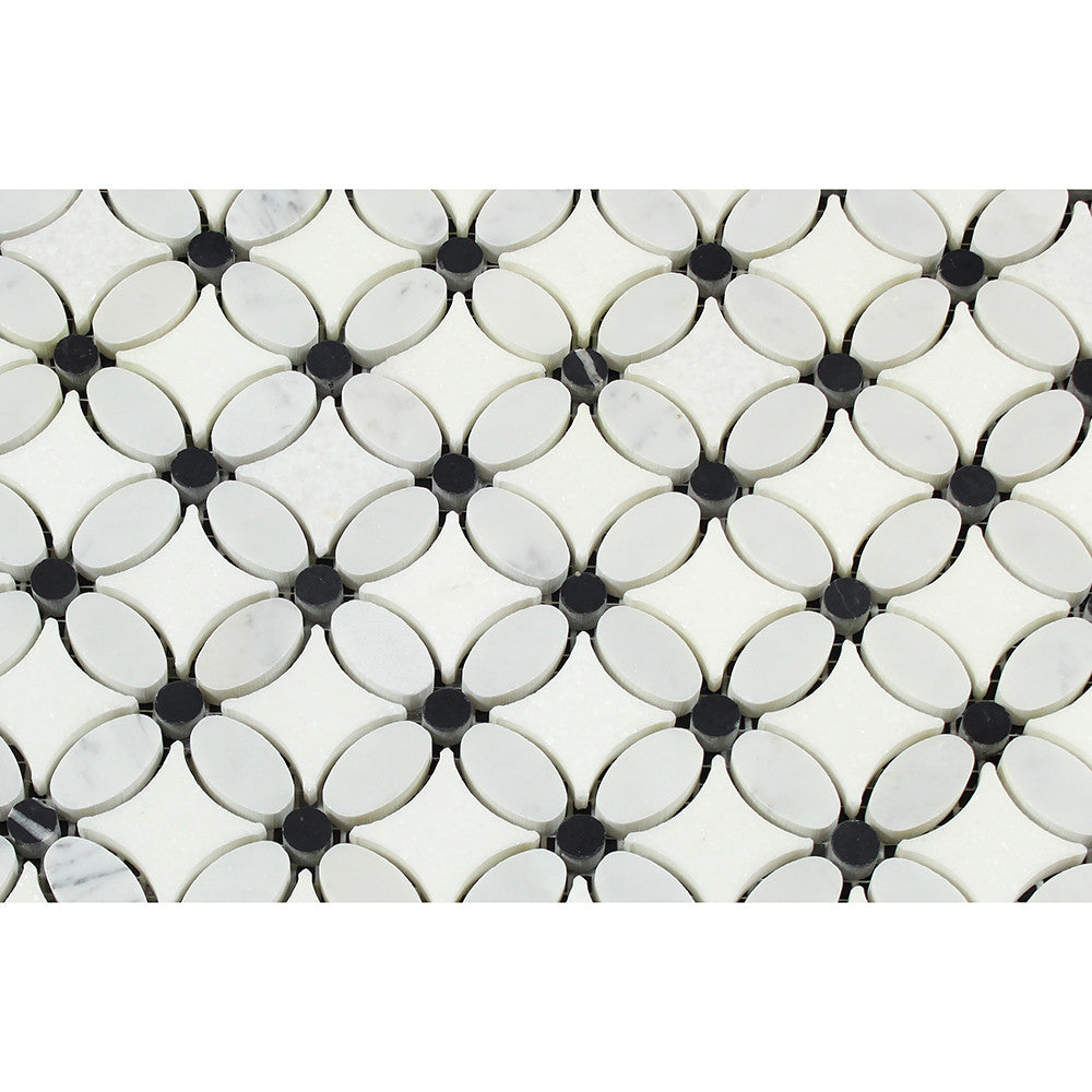 Bianco Carrara Polished Marble Florida Flower Mosaic Tile (Thassos + Carrara (Oval) + Black (Dots))