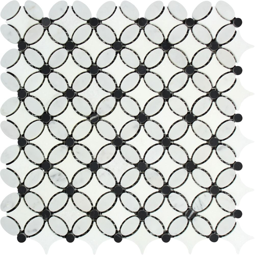 Bianco Carrara Polished Marble Florida Flower Mosaic Tile (Thassos + Carrara (Oval) + Black (Dots))