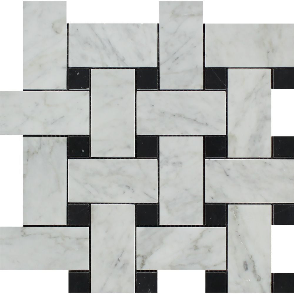Bianco Carrara Polished Marble Large Basketweave Mosaic Tile (w/ Black Dots)