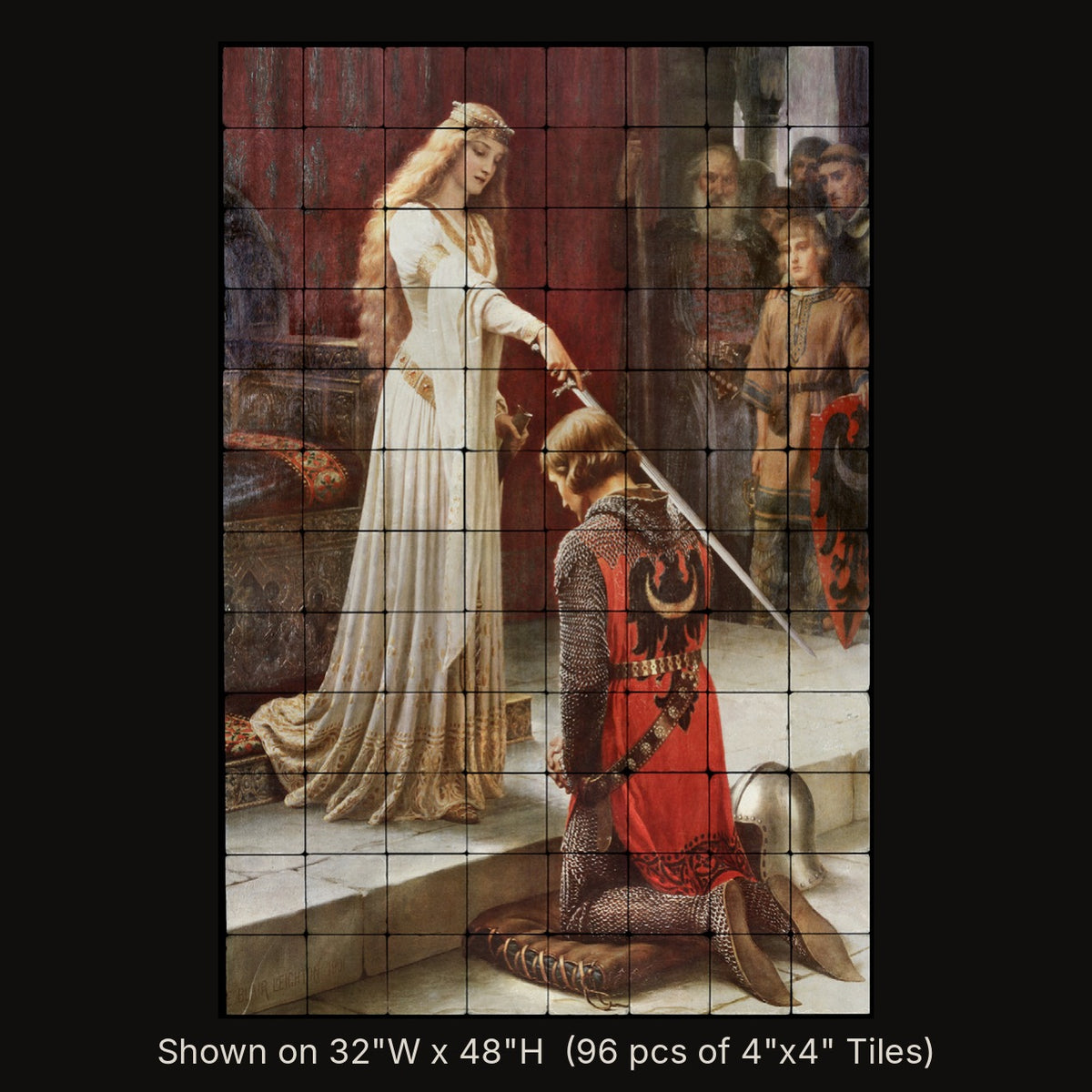 The Accolade by Edmund Blair Leighton, stone mural shown on 32"W x 48"H (96 pcs of 4"x4" tumbled marble tiles)