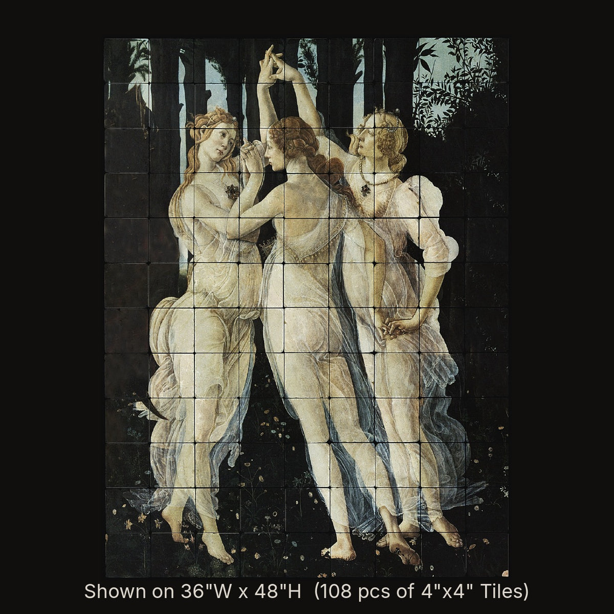 La Primavera by Sandro Botticelli, stone mural shown on 36"W x 48"H (108 pcs of 4"x4" tumbled marble tiles)