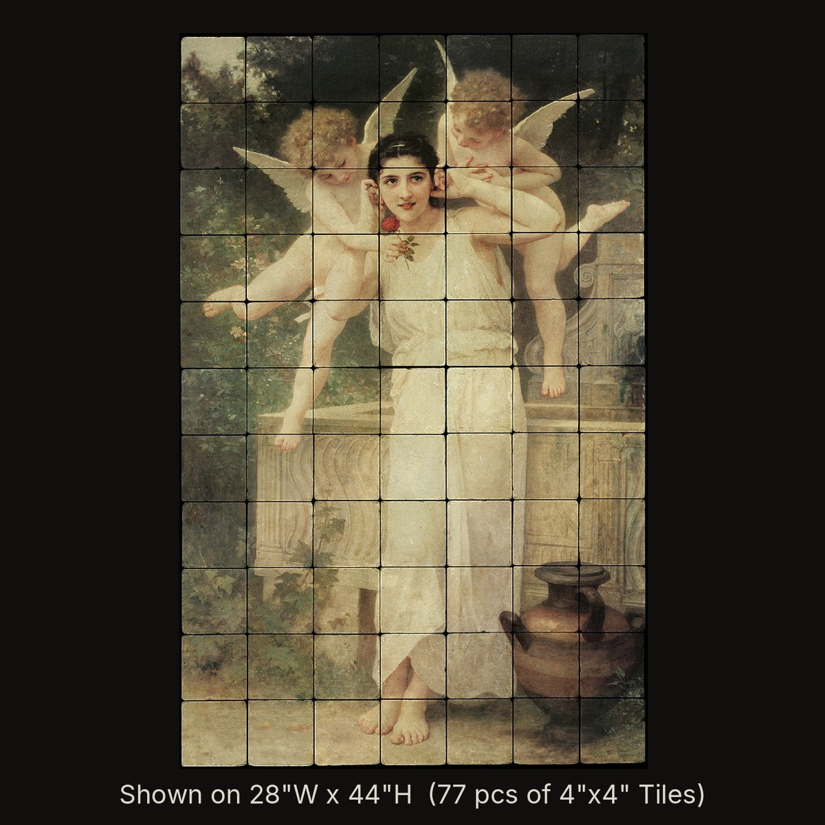 L’Innocence by William-Adolphe Bouguereau, stone mural shown on 28"W x 44"H (77 pcs of 4"x4" tumbled marble tiles)