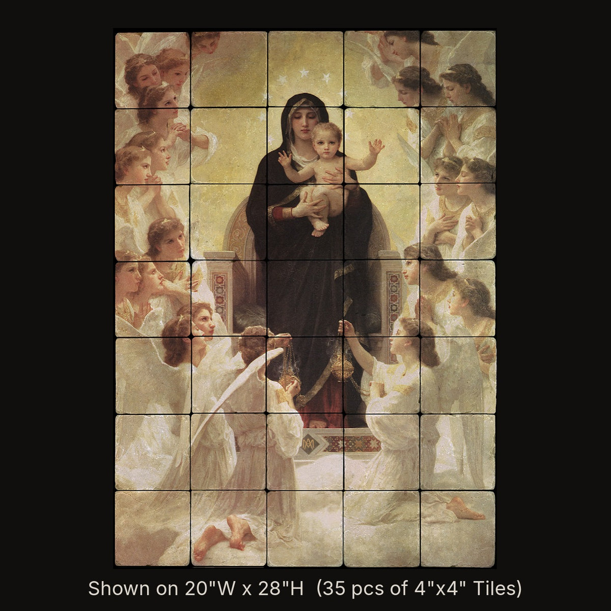 Madonna and Child by William-Adolphe Bouguereau, stone mural shown on 20"W x 28"H (35 pcs of 4"x4" tumbled marble tiles)