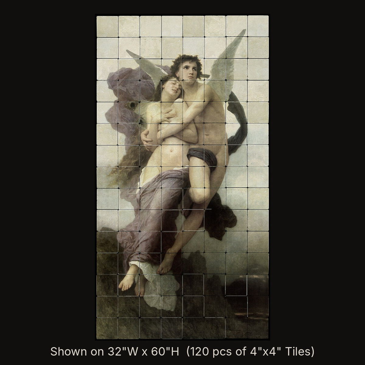 The Abduction of Psyche by William-Adolphe Bouguereau, stone mural shown on 32"W x 60"H (120 pcs of 4"x4" tumbled marble tiles)