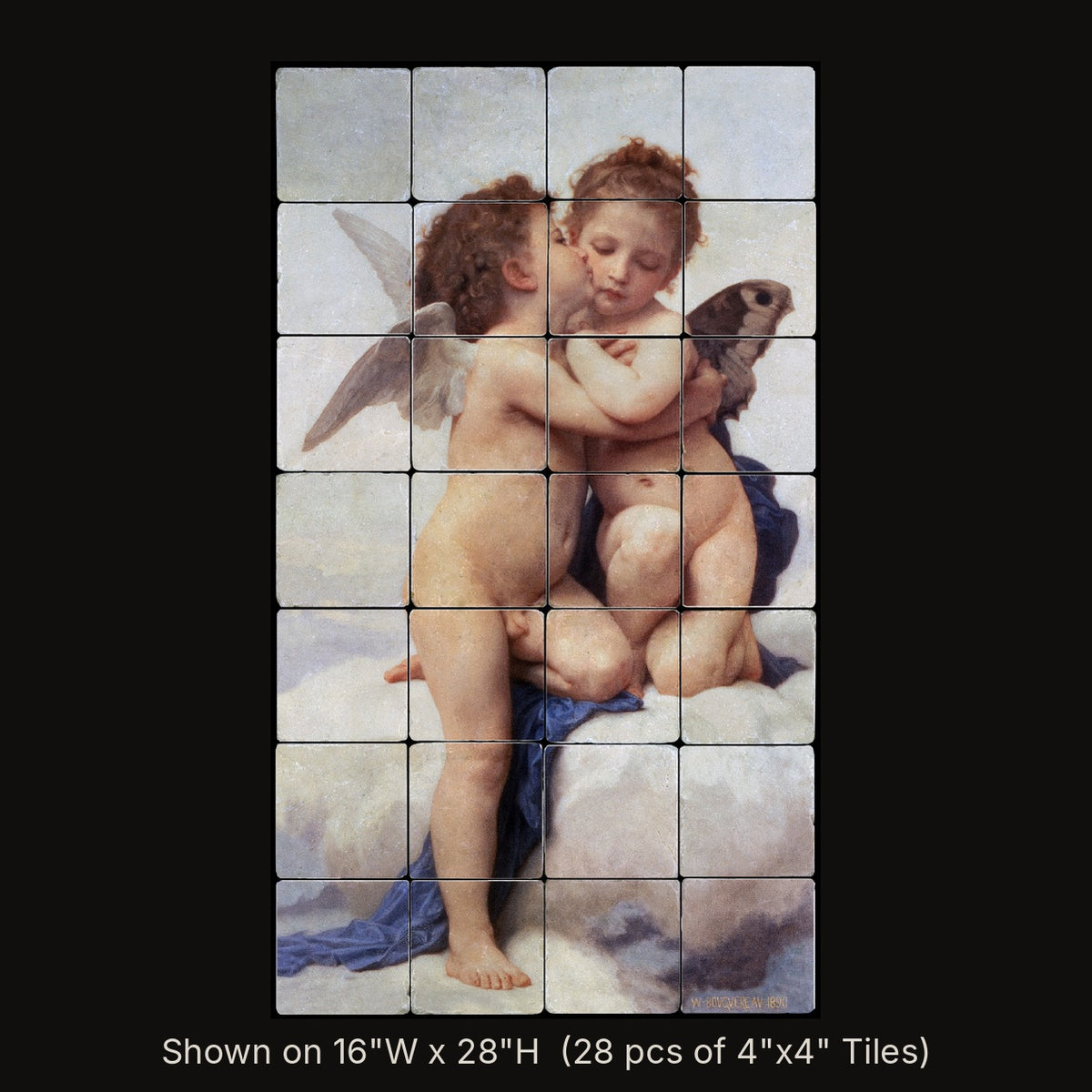 The First Kiss by William-Adolphe Bouguereau, stone mural shown on 16"W x 28"H (28 pcs of 4"x4" tumbled marble tiles)