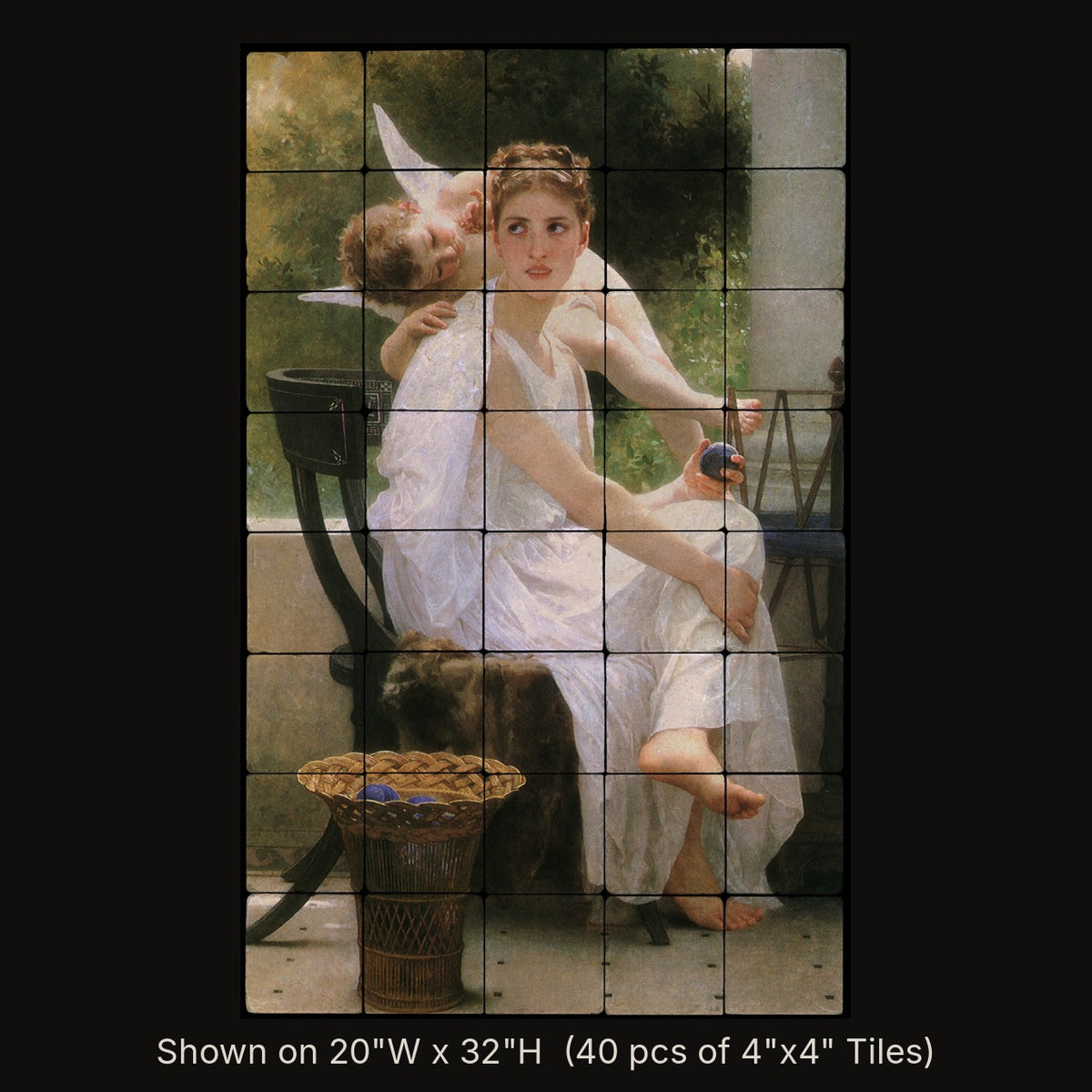 Young Love by William-Adolphe Bouguereau, stone mural shown on 20"W x 32"H (40 pcs of 4"x4" tumbled marble tiles)
