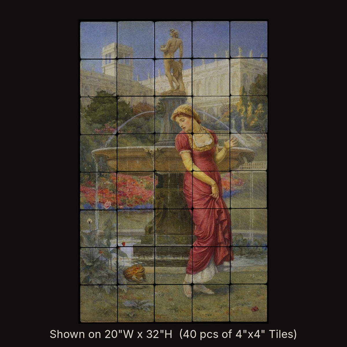 The Frog Prince by Edward Frederick Brewtnall, stone mural shown on 20"W x 32"H (40 pcs of 4"x4" tumbled marble tiles)