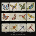 Butterflies & Dragonflies accent tile set, 12 pcs of 4"x4" tumbled marble tiles