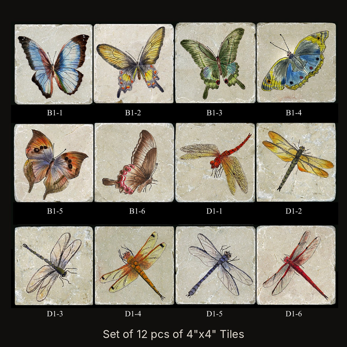 Butterflies & Dragonflies accent tile set, 12 pcs of 4"x4" tumbled marble tiles