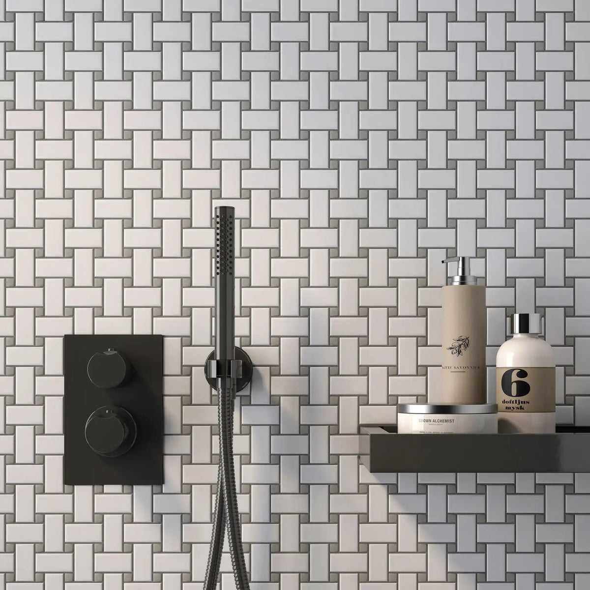 CC Mosaics Snow White & Gray Octagon Porcelain Mosaic Tile – room scene