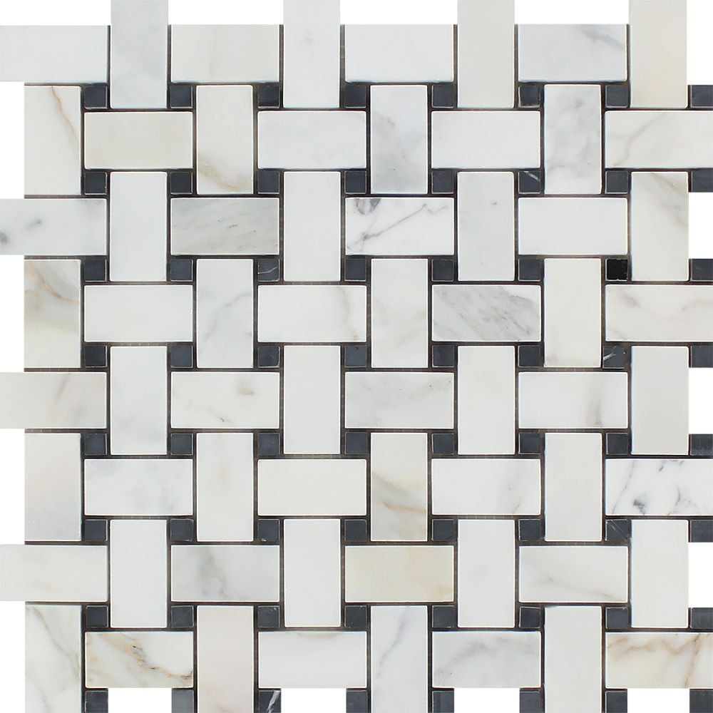 Calacatta Gold Honed Marble Basketweave Mosaic Tile w/ Black Dots