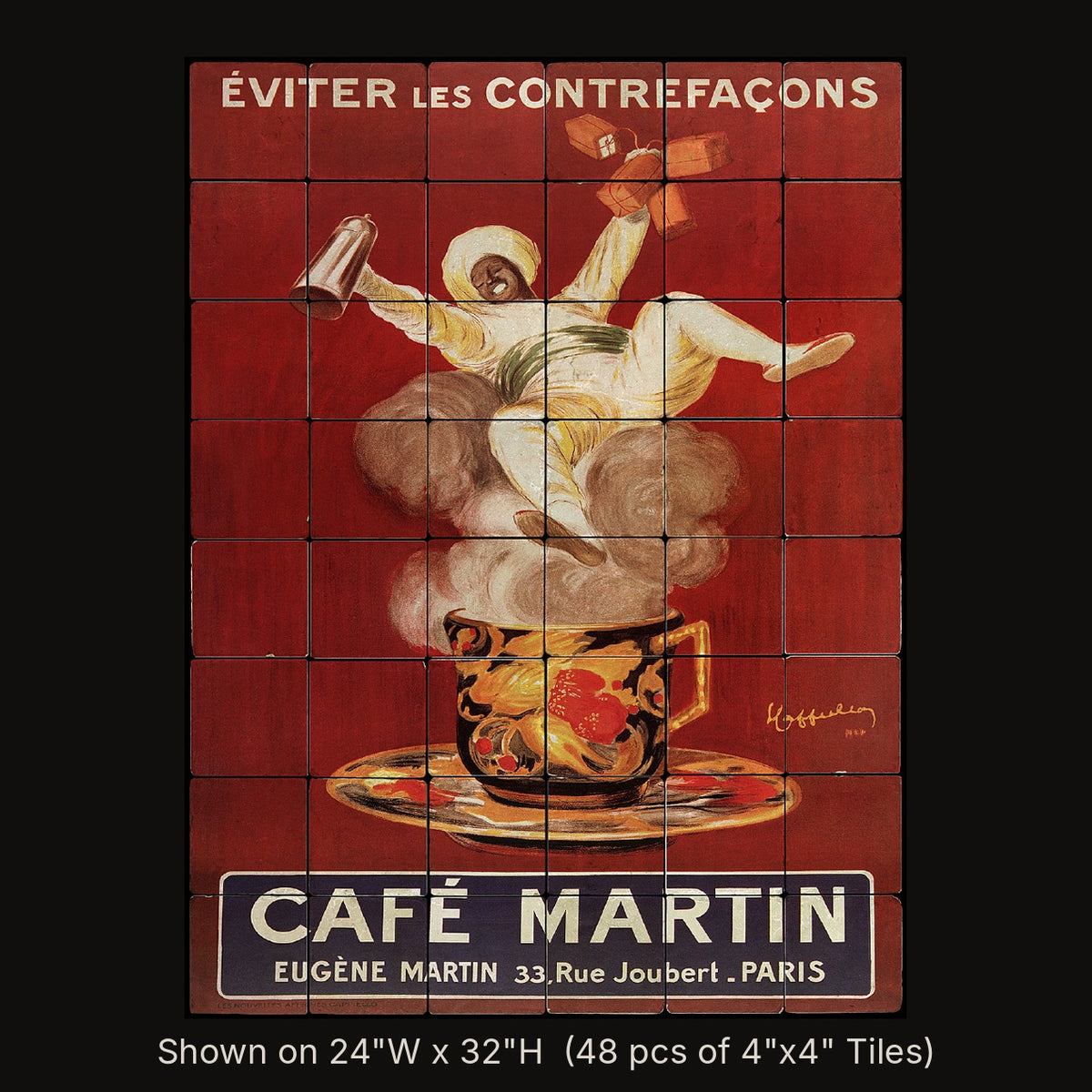 Café Martin inspired by Leonetto Cappiello, stone mural shown on 24"W x 32"H (48 pcs of 4"x4" tumbled marble tiles)