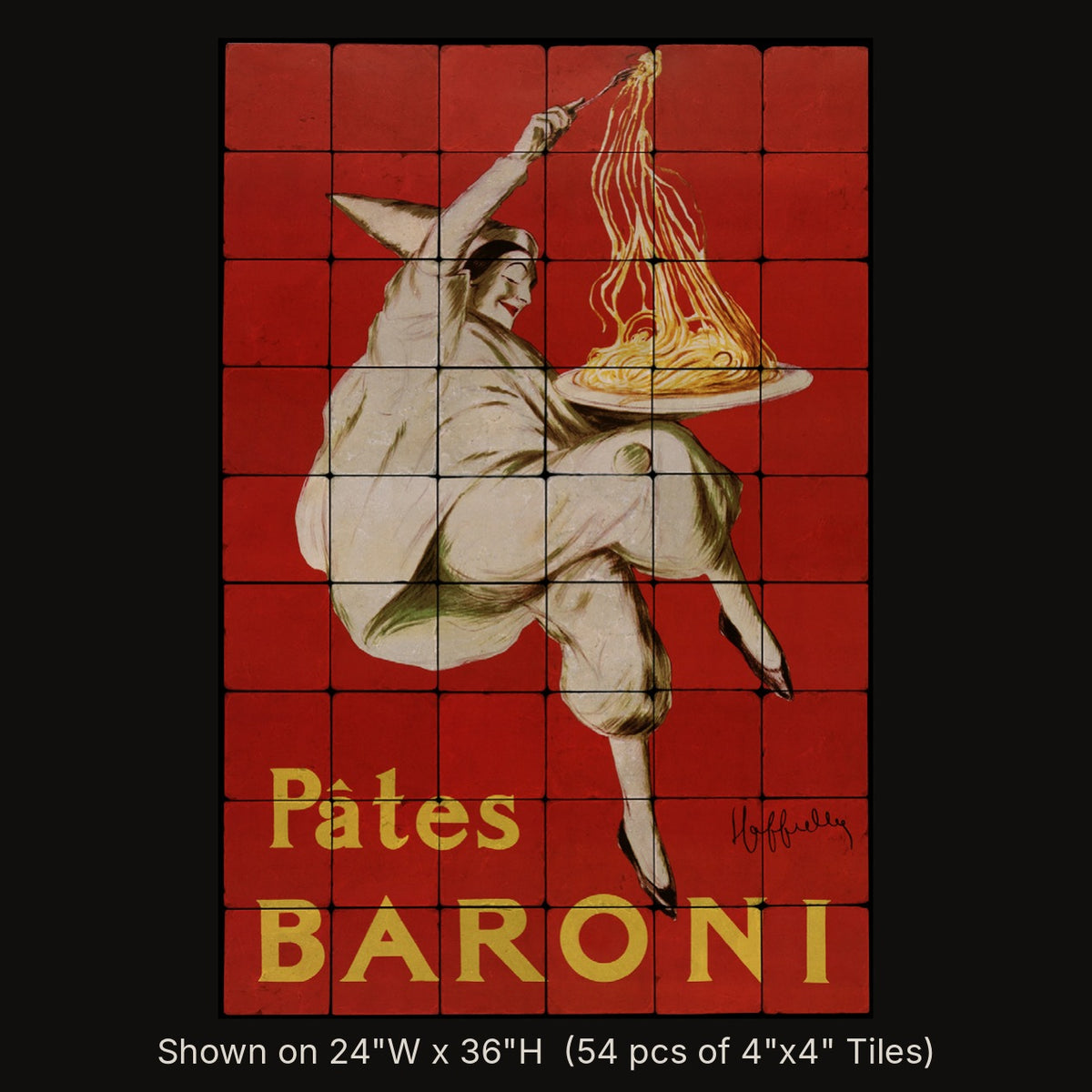 Pâtes Baroni inspired by Leonetto Cappiello, stone mural shown on 24"W x 36"H (54 pcs of 4"x4" tumbled marble tiles)