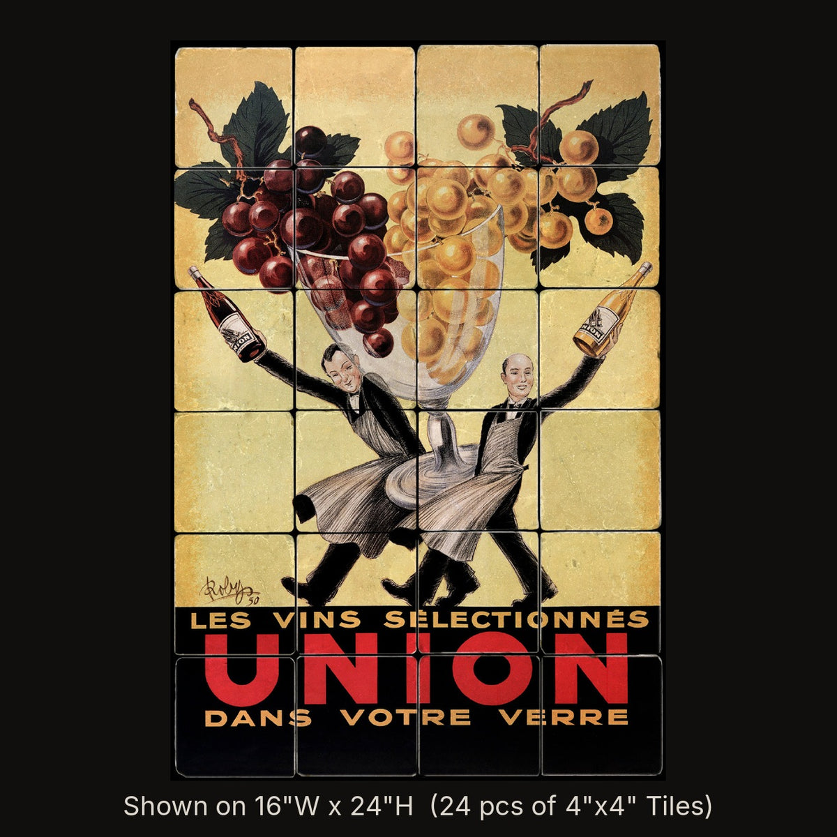 Union, Dans Votre Verre inspired by Leonetto Cappiello, stone mural shown on 16"W x 24"H (24 pcs of 4"x4" tumbled marble tiles)