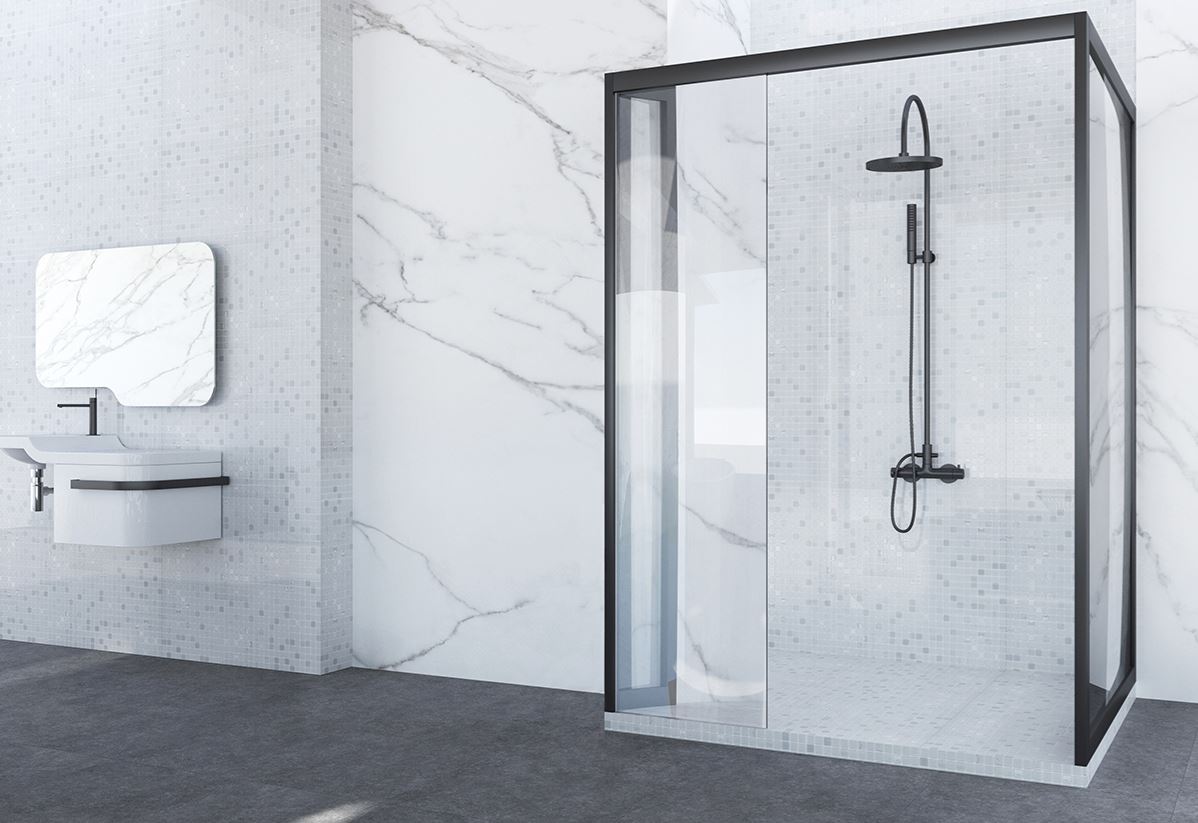 Runway Milan Grey Recycled Glass Mosaic Tile – installed