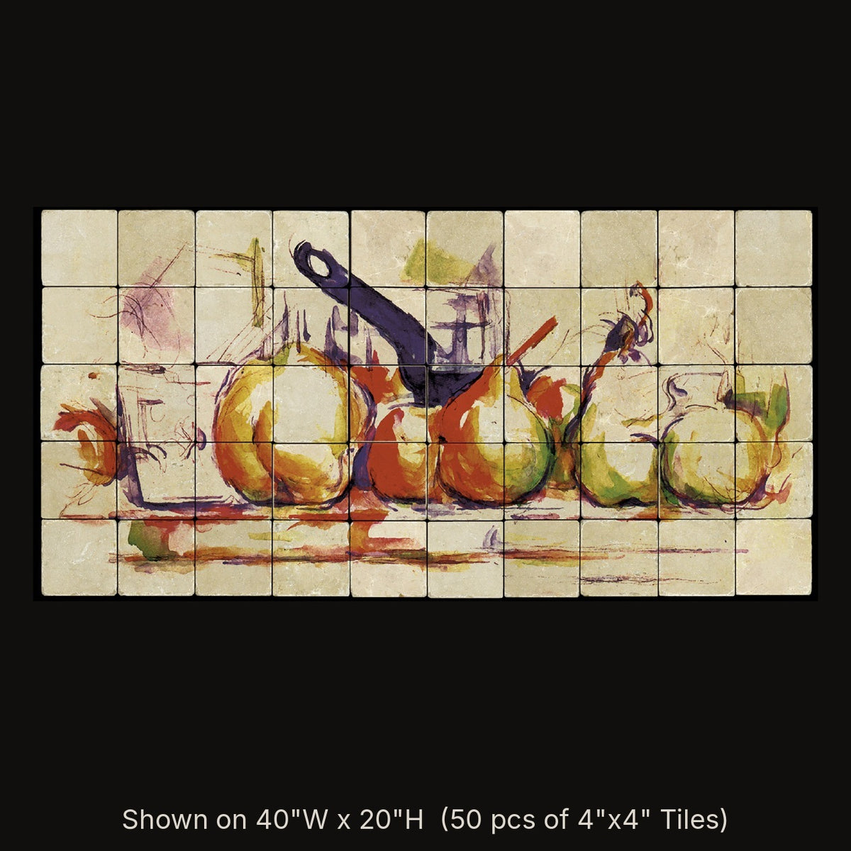 Sketch of Apples & Pears by Paul Cézanne, stone mural shown on 40"W x 20"H (50 pcs of 4"x4" tumbled marble tiles)
